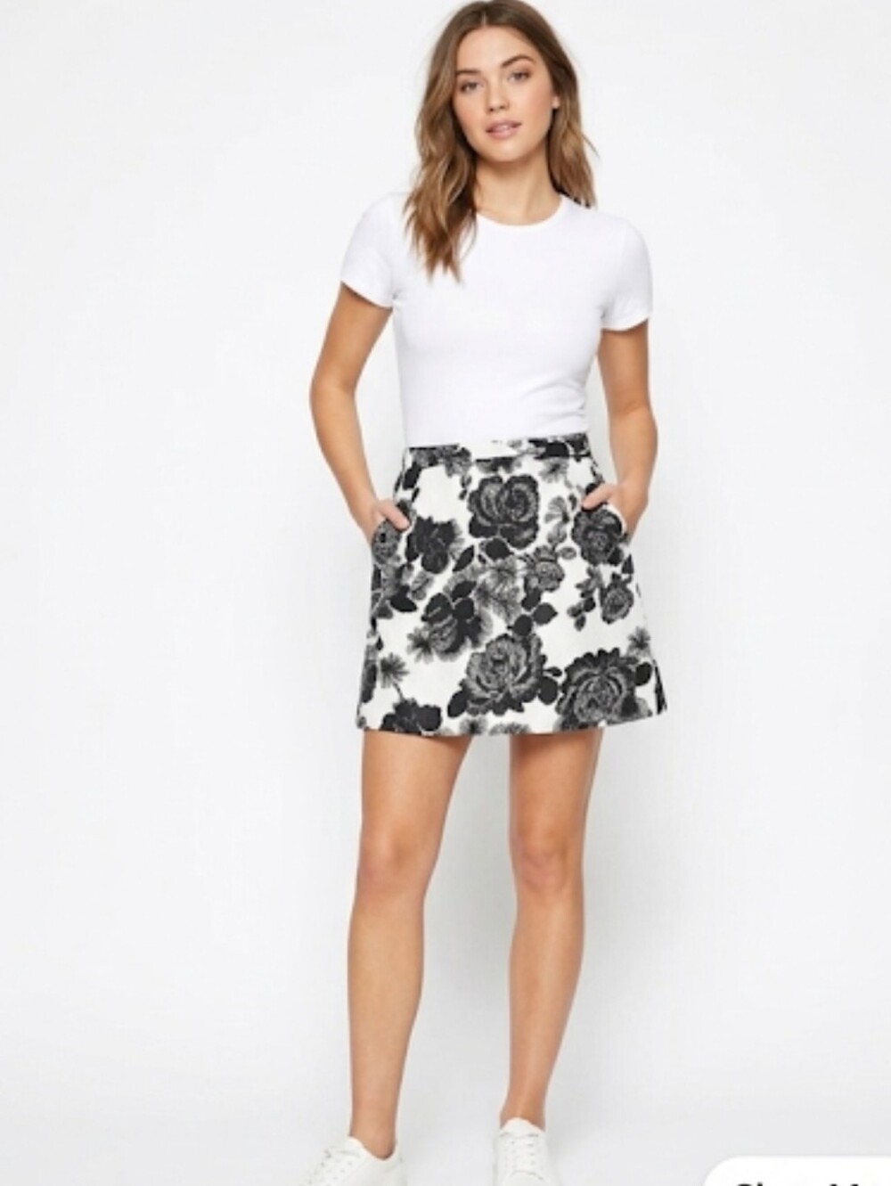 Pim + Larkin Black and White Floral Mini Skirt with Pockets Medium